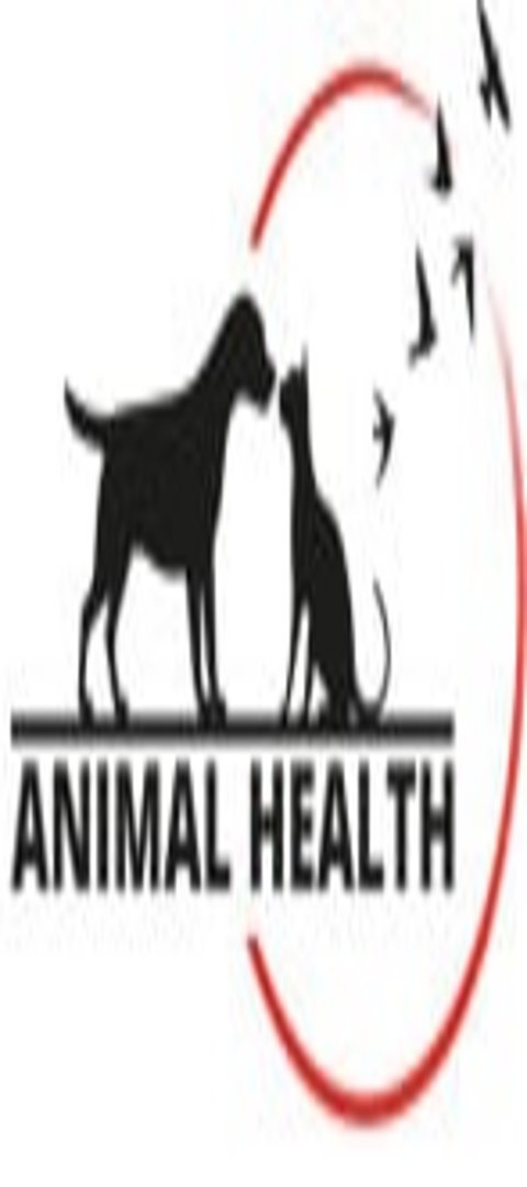 Logo von Animal Health mit Silhouetten eines Hundes und einer Katze, umgeben von fliegenden Vögeln und einem roten Halbkreis