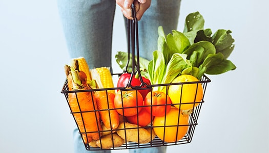 Einkaufskorb voll mit Obst unter dem Motto BARF Ernährung für den Hund